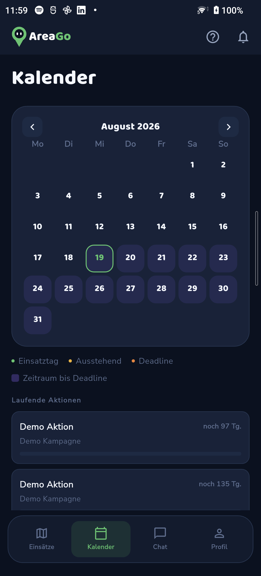 Kalender mit Einsätzen in der AreaGo App