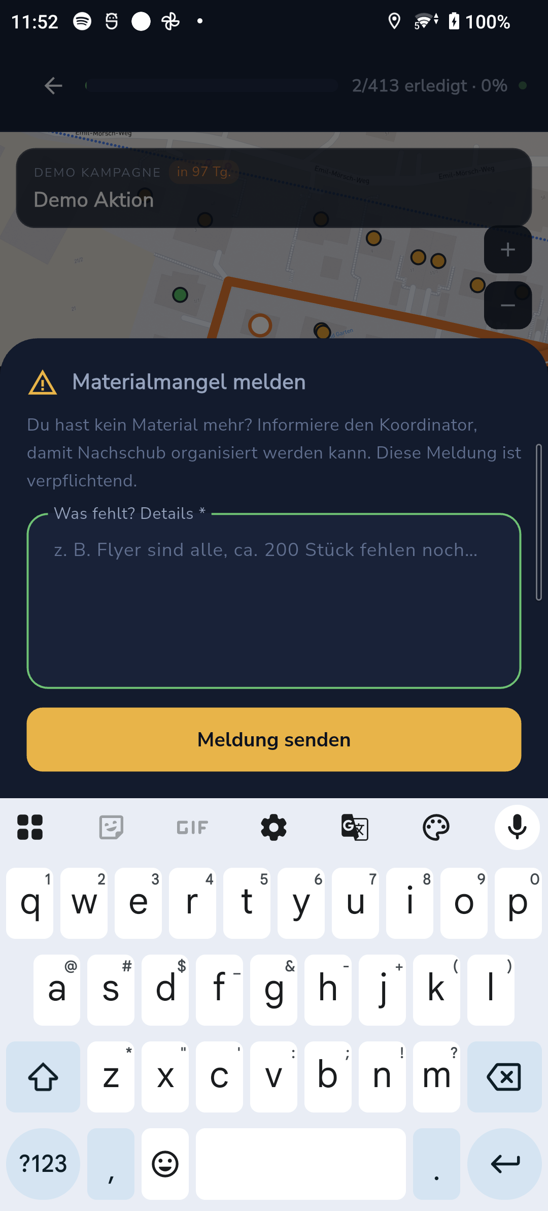 Materialmangel direkt in der AreaGo App melden